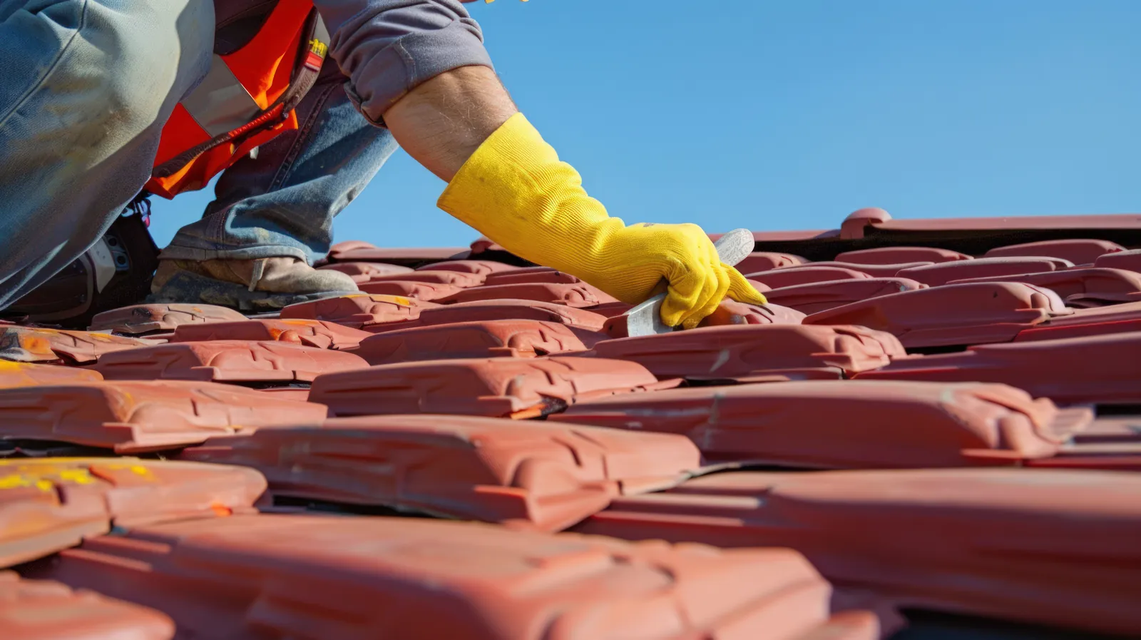 Roofer laying red tile during a repair against a blue sky