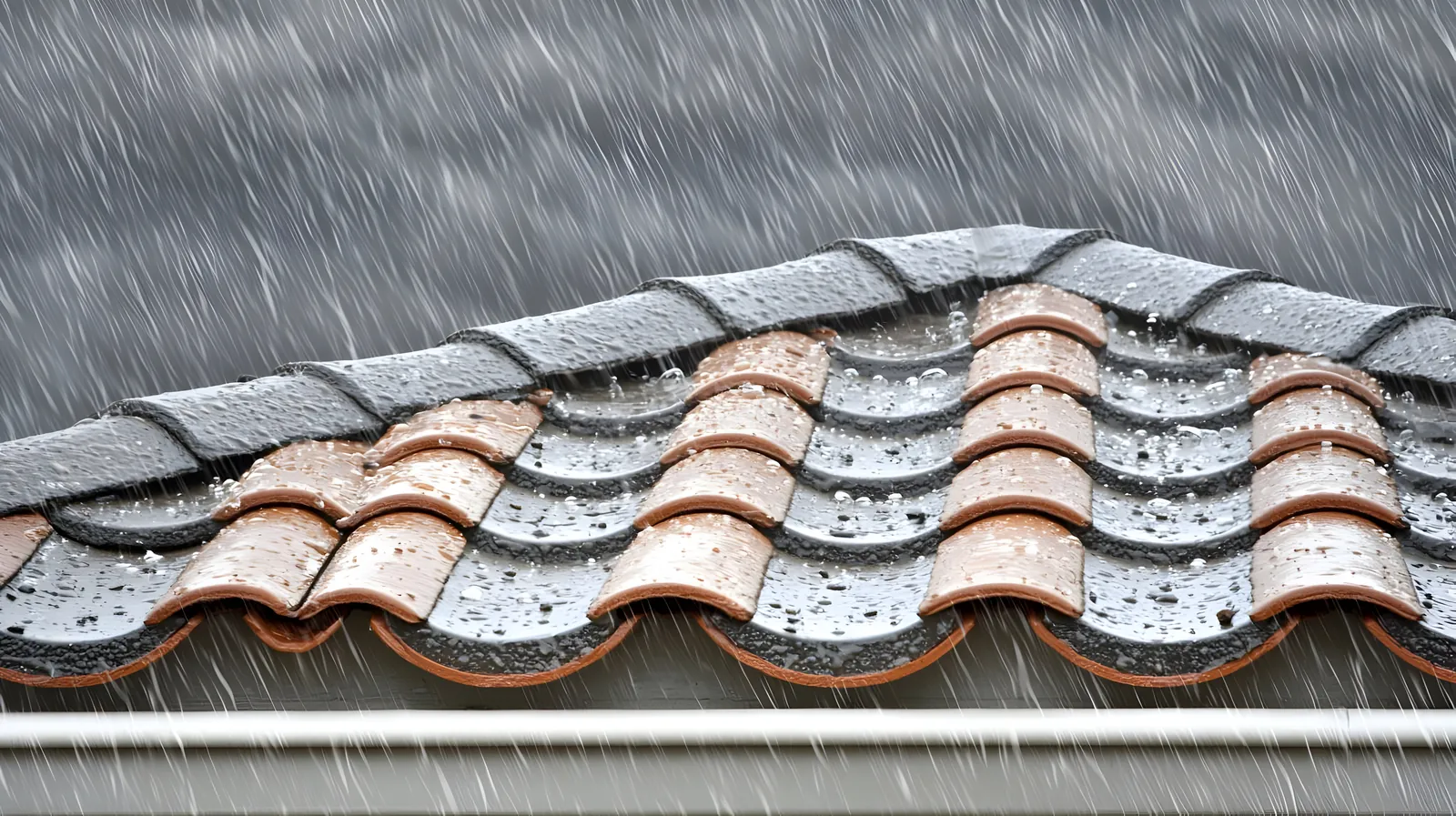 Rain falling on a tile roof during a monsoon