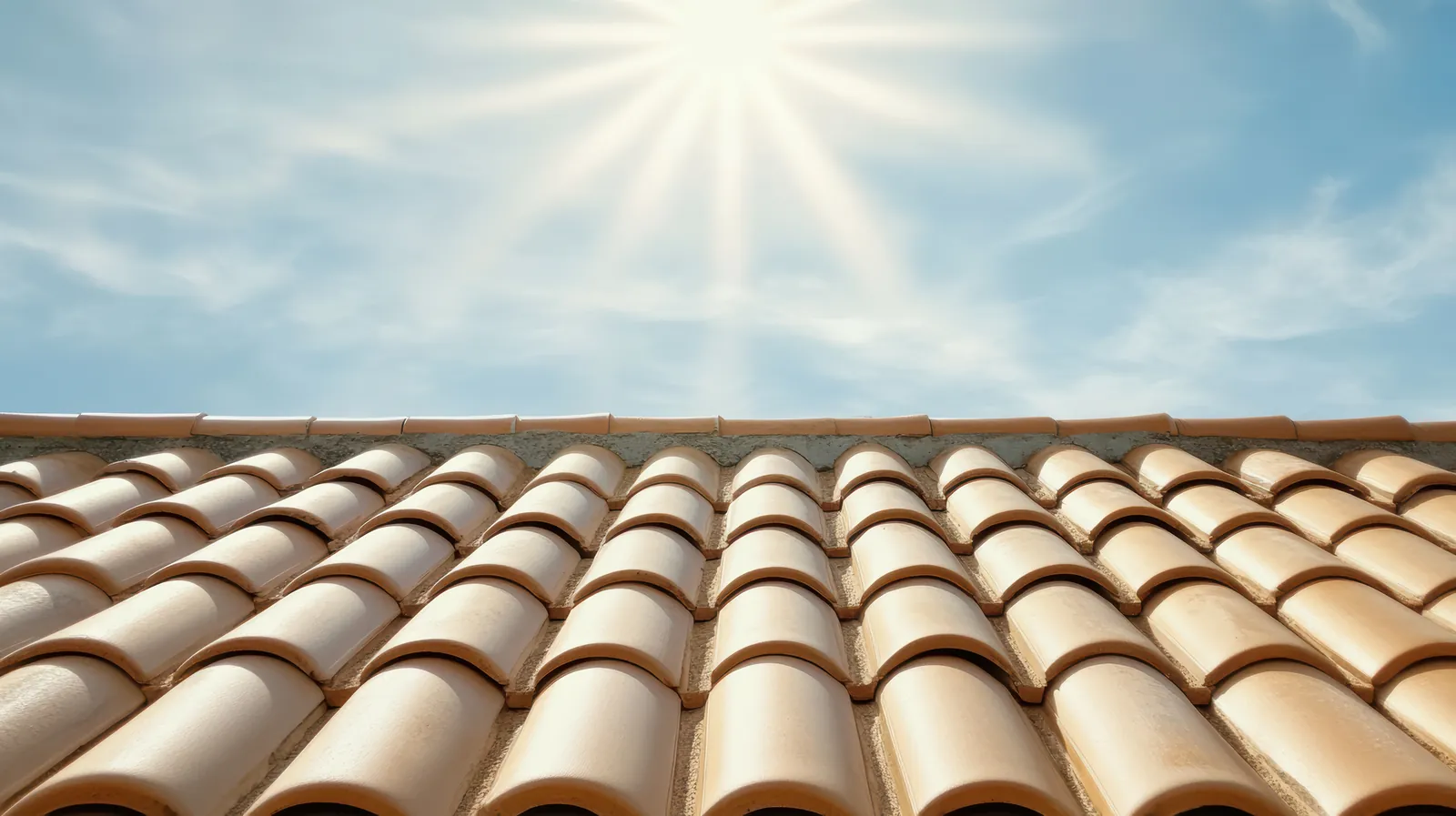Sunlit terracotta tile roof under a blue Arizona sky